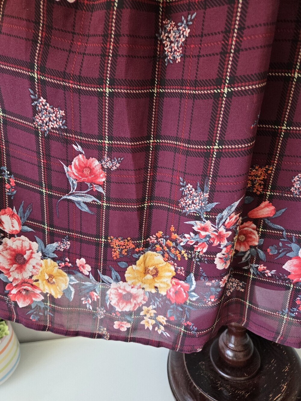 Orange Creek Burgundy Plaid Floral Long Sleeve Midi Dress. Size Small - Picture 3 of 15
